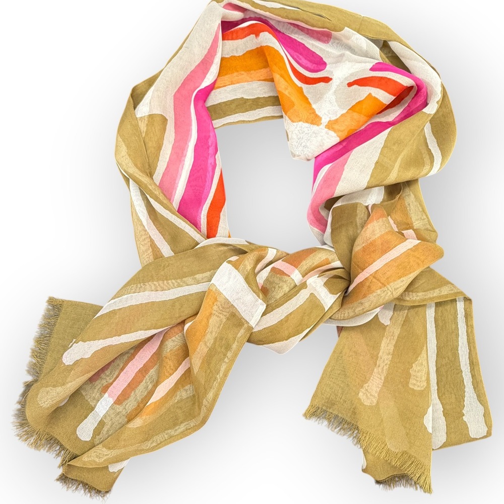Vtg MCMVera Abstract‎ Striped Scarf Tan Pink Orange Eyelash Fringe Japan